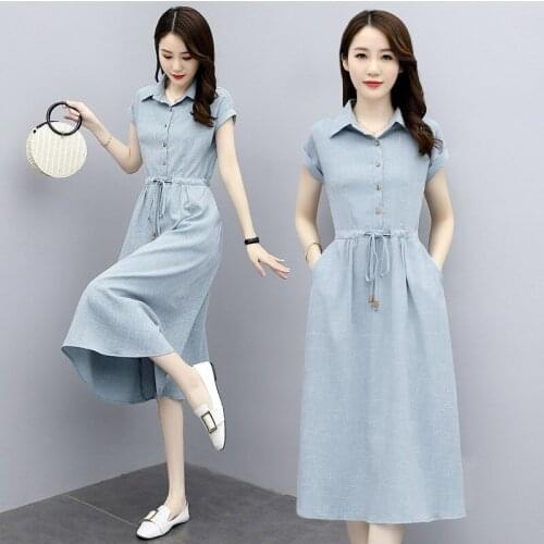 2021 summer new temperament shirt collar dress short sleeves in the middle of the long waist to show thin skirt