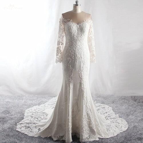 LZ412 Sexy Elastic Satin Lace Appliques Small Pearls Wedding Dress Long Sleeve Cut-Out Train Mermaid Dress Vestido De Noiva