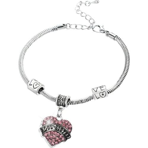 Charm Soul Sister Bracelet Love Heart Rhinestone Chain Bangle Engrave Letter Love Beads Pendant Gift Family Women Jewelry