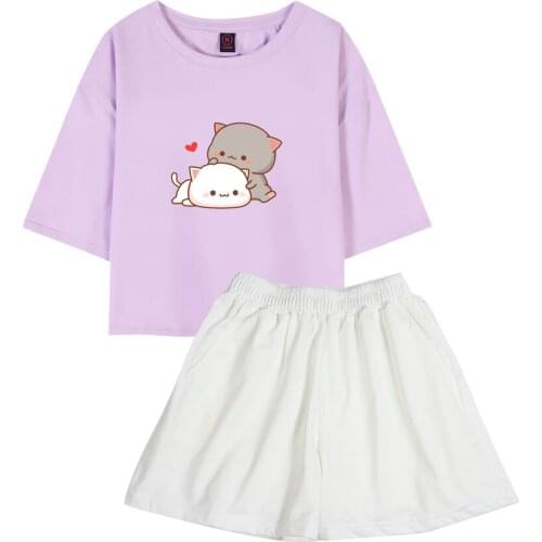 Cute Cartoon Crop Tops Cotton Short Sleeve Two Piece Set Summer Harajuku Women T Shirt Fashion Shorts Indoors and Outdoors Wears
