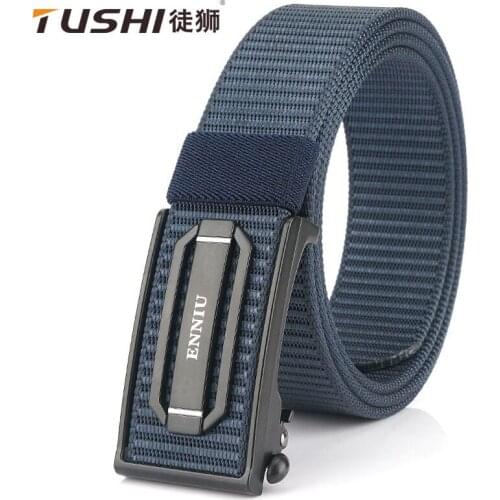 TUSHI 2021 New Flagship Men Belt High-grade Leisure 120cm*3.4cm Nylon Weave Tank Pattern Waistband Metal Automatic Buckle Girdle