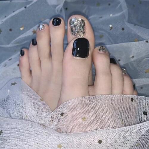 Black pure color with Silver shards UV gel false nails for toe french 24pcs with glue short lady full nail tips cute toe nails