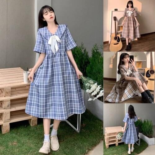 Ladies School Uniform Dresses Summer New Japanese Retro Style Navy Neck Plaid Printing Bow Lacing College Style Uniform Dress