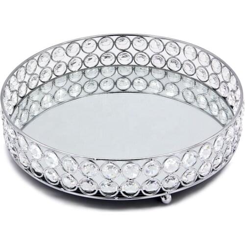 BMBY-Silver Round Mirror Decorative Cosmetics Storage Box Tray, Wedding Home Decoration Rack