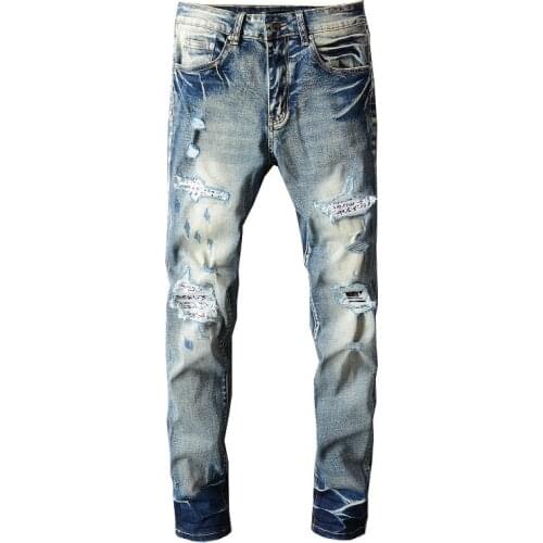 KIOVNO High Street Men Ripped Pleated Jeans Pants Skinny Stretch Denim Trousers For Male Washed Streetwear