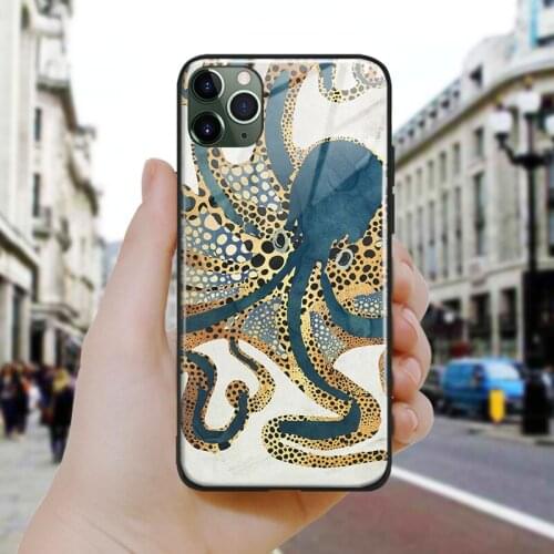 Nordic Abstract Golden octopus Art Silicone Glass Phone Case Cover Shell For iPhone SE 6 6s 7 8 Plus X XR XS 11 12 Mini Pro Max