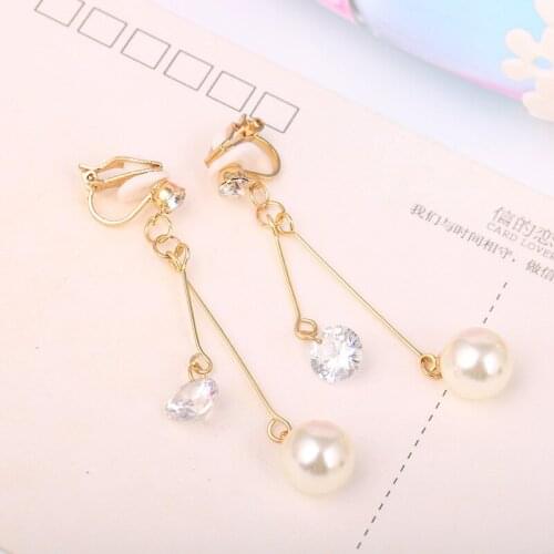 Elegant Zircon Crystal Pearl Long Earrings for Women Ladies Non Pierced Ear Clip Gold Color Ear Cuff Party Wedding Jewelry