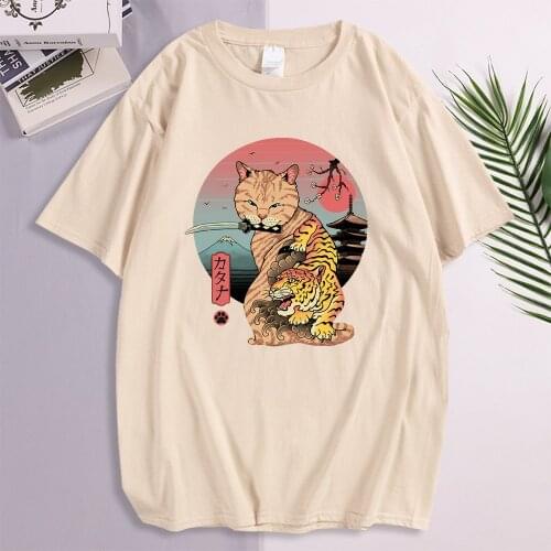 T Shirt Japanese Ukiyo-E Ninja Cat Print T-Shirt Mens Short Sleeve Loose Casual Tshirts Male Brand Fashion Oversized Clothes