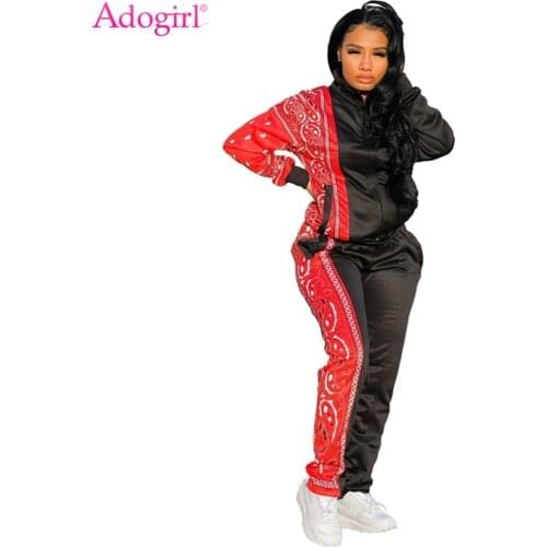 Adogirl Paisley Bandana Print Patchwork Women Two Piece Set Tracksuit Pockets Long Sleeve Zipper Coat Pencil Pants Jogging Suits