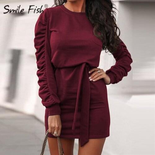 Mini Dress 2021 Autumn Women Hoodies Dress Sashes Office Lady Female Long Sleeve Casual Winter Solid Pure Party Clubwear G2080