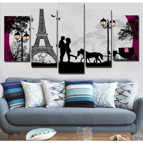 Print Painting Modular Vintage Art Canvas Wall Tableau 5 Piece Canvas Art Paris Tower Moon Home Decor Picture For Living