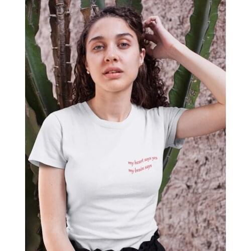 My Heart Says Yes My Brain Says quotes White Shirt Classic T-Shirt Summer Shor Sleeve 90s Women Grunge Art Aesthetic Tumblr Tee