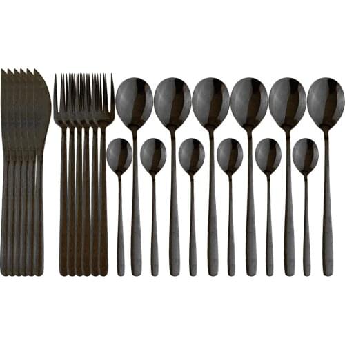 24Pcs/Set Black Cutlery Set 18/10 Stainless Steel Tableware Set Knife Fork Spoon Dinnerware Set Kitchen Mirror Gold Flatware Set