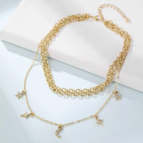 New Multi Layer Pendants Necklaces for Women Gold Stars and Moon Rhinestone Thick Chain Alloy Metal Necklace Fashion Jewelry