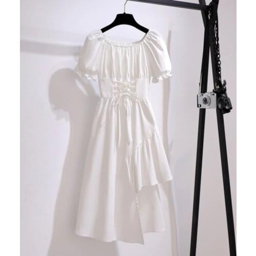 Korean Casual Puff Sleeve Shirt Dress Women Square Neck Irregular Fairy White Long Summer Dress 2021 Female Chic Party Vestido