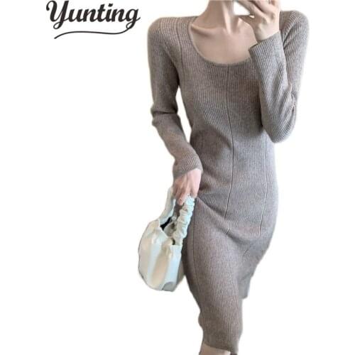Casual O-neck women knitted dress Long sleeve female dress Office lady sheath sweater dress