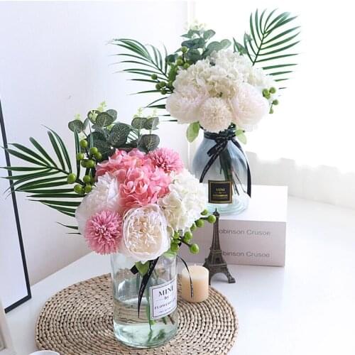 Modern Glass Vase+ Artificial Flower Home Livingroom Fgurines Accessorie Crafts Decoration Office Fake Peony Flower Pot Ornament