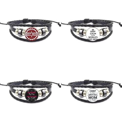 EJ Glaze Worlds Best MOM For Men Women Harajuku Jewelry Glass Cabochon Black Leather Bracelet Bangle