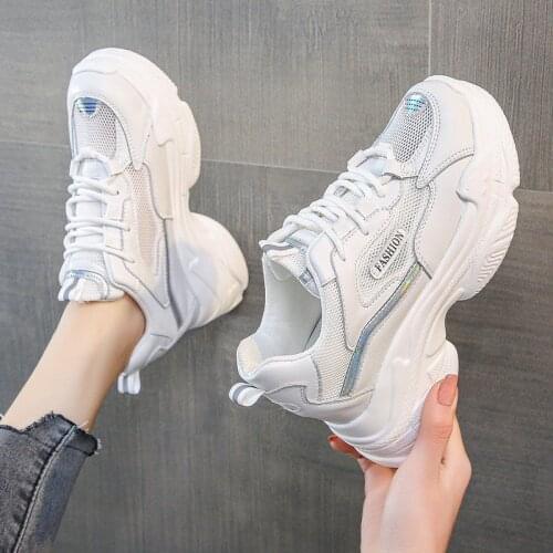 Women White Leather Platform Sneakers Spring Trainers 8CM High Heels Wedge Breathable Casual Shoes