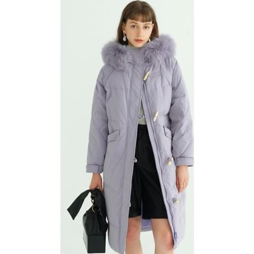 2021 New Winter White Duck Down Coats Women Real Fox Fur Collar Hooded Ox Horn Buckle Long Hooded Puffer Jackets Ladies Outwear