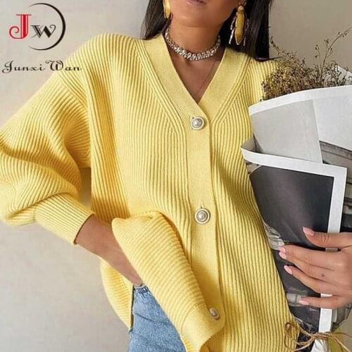 Women Chic V Neck Lantern Long Sleeve Cardigans Autumn Winter Loose Solid Knitted Sweater Button Mid-length Knitwear Tops