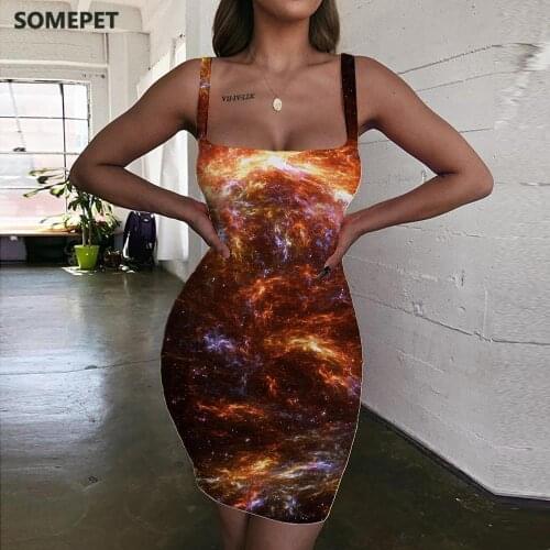 SOMEPET Galaxy Dresses Women Nebula Vestido Sexy Colorful Bodycon Dress Space 3d Print Womens Clothing Summer Short Beach Femme