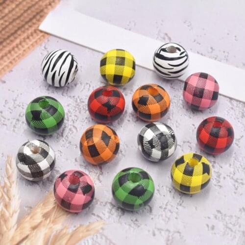 10Pcs 20mm Wood Beads Colorful Black Check DIY Printed Decoration Pendant Beads Handmade Beaded Materials