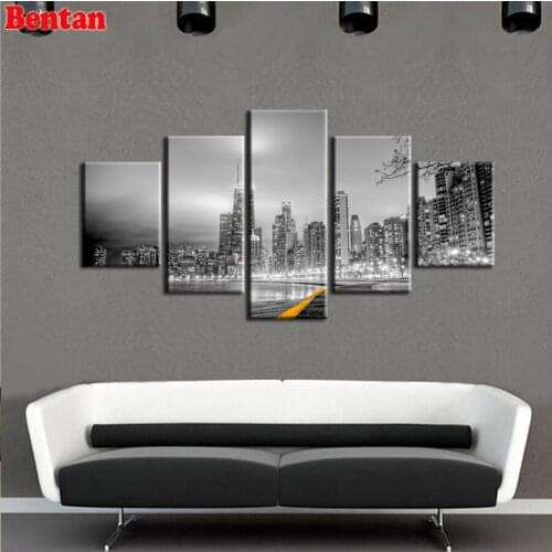 5 Panel diamond Painting Black White City Landscape diamond embroidery cross stitch diamond mosaic full square round Wall Art