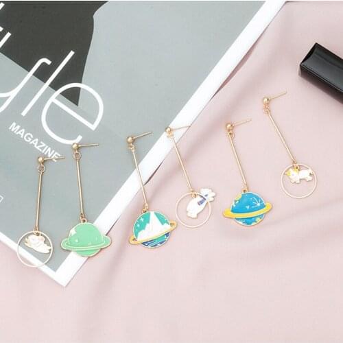 Asymmetric Enamel Universe Animal Long Dangle Earrings Planet Rabbit Bear Pendientes Female Drop Earrings For Women Jewelry 2019