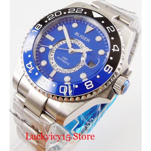 BLIGER 43mm Automtic Men Watch Self Winding Wristwatch Date Window GMT Function Ceramic Bezel Sapphire Crystal MINGZHU Movement