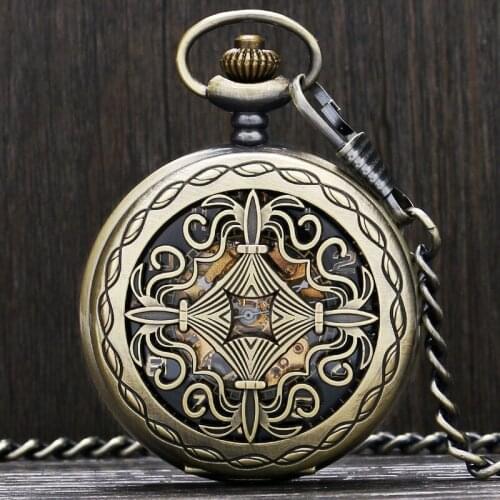 Bronze Vintage Chinese Grilles Design Pocket Watch Mechanical Watches Women Men Clock P835-6C