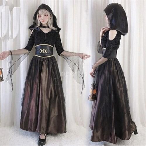 Adult Gothic Long Dress Hood Halloween Costumes Ghost Printed Fantasia Fancy Carnival Medieval Party Fantasy Fancy Dress