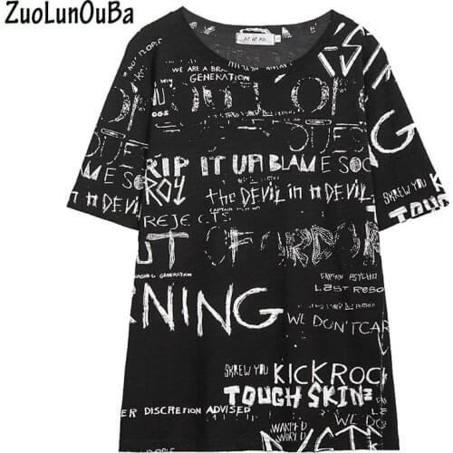 ZuoLunOuBa Summer Fashion Women Clothes T Shirt Black Letter Print Harajuku Loose Short Sleeve Plus Size Tees Tops