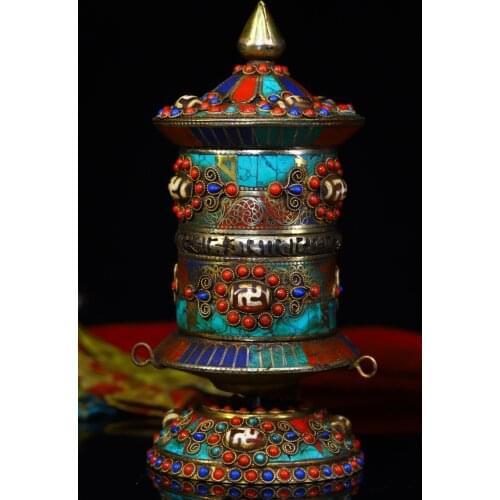 6"Tibet temple collection Old Bronze mosaic Gem Dzi Bead Prayer Wheel Buddhist instruments pagoda Chanting Town House Exorcism