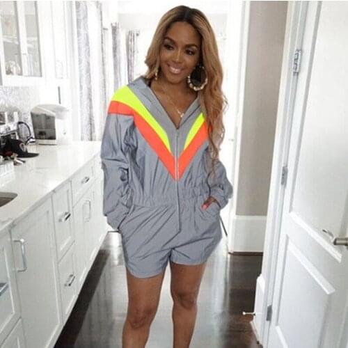 Streetwear Hooded Short Jumpsuit Women Color Patchwork Long Sleeve Playsuit Pockets V Neck One Piece Overalls for Women Casual