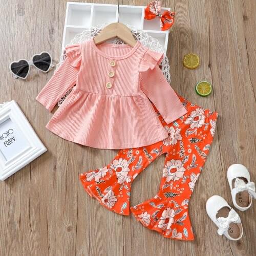 3pcs Autumn Winter Newborn Baby Girl Clothes Lounge Set Long Sleeve Top Floral Pants Headband 6 12 18 Month Kids Children Outfit