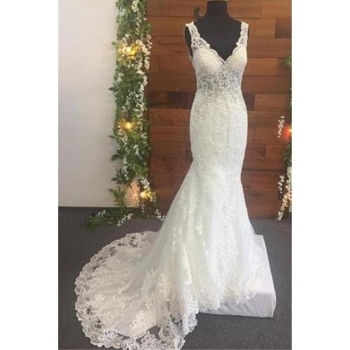 Appliques Lace Wedding Dresses Mermaid V Neck Sexy Open Backless Sweep Trail Bridal Gowns vestidos de noiva 2021 Custom Size