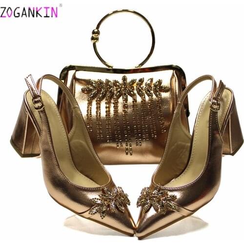 Square Heels New Design Shoes and Bag Set in Champagne Color Top Sell Fashionable Italian Lady Shoes and Bag Set for Wedding