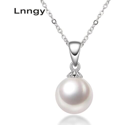 Lnngy 925 Sterling Silver Necklace 9-10mm Natural Freshwater Pearl Necklace Women Engagement Wedding Anniversary Jewelry Gifts