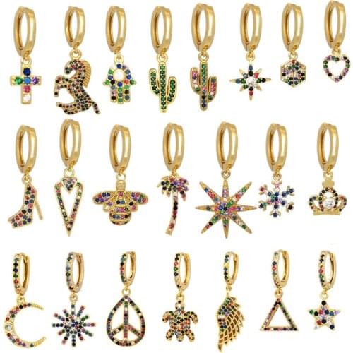 1piece Small Hoop Earrings Women Heart Bee Geometric Cactus Leaf Flower Crown Star Horse CZ Rainbow Jewelry Gold Color Kid Hoops