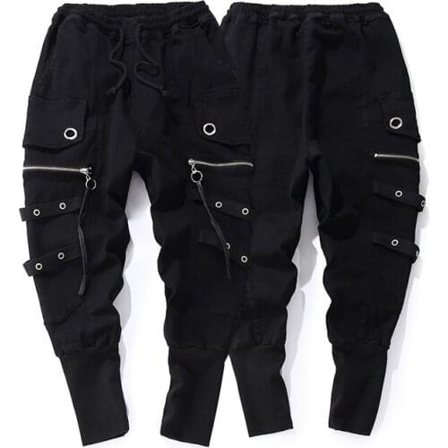 Fashion Drawstring Casual Men High Quality Joggers Black Sweatpants Ribbon Hip Hop Men Streetwear Casual Trousers Cross-pants