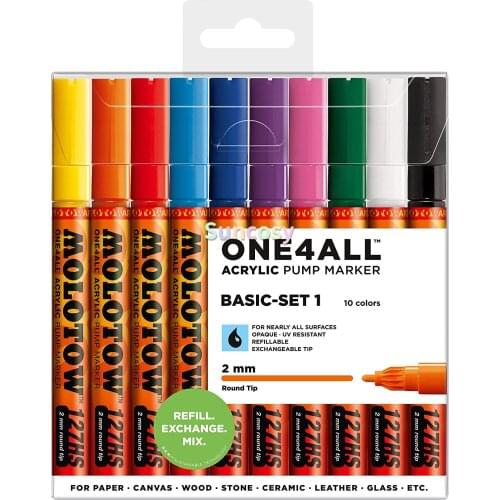 Molotow ONE4ALL Acrylic Paint Marker Set, 10 Basic Colors #1, 2mm (200.450)