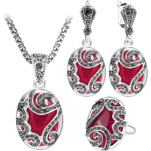 Kinel Unique 3pcs Vintage Jewelry Sets Fashion Red Female Earrings And Pendant Necklace Wedding Party Bridesmaid Gift