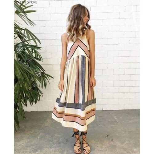 New Women Retro Sleeveless Summer Beach Dress Geo Striped Tank Tunic Casual Dress Mid Calf Loose Dresses