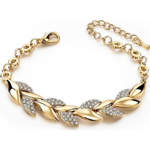 Golden Crystal Leaf Braided Bracelets Leave Luxury Bangles Women Girls Wedding Jewelry Christmas Gift