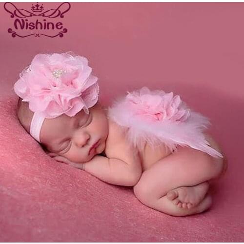 Nishine 2pcs/set Lace Chiffon Flower Headband with Angel Wings Feather Newborn Photography Prop Cute Children Accessories