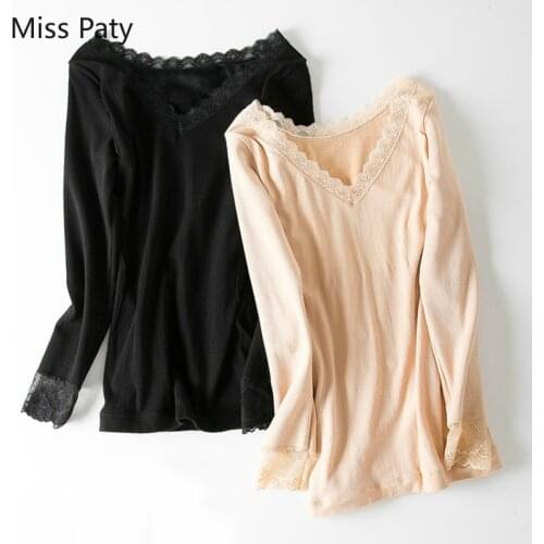 Sexy lace slim underwear blouse for women winter velveteen thermal shirt elegant V-neck thick warm long sleeves tops basic 2019