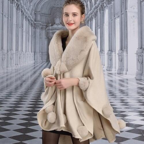 Winter Women Fashion Rex Rabbit Fur Balls Cape Shawl Lapel Long Knitted Cashmere Luxury Faux Fur Coat Cloak Party Dress Pacha