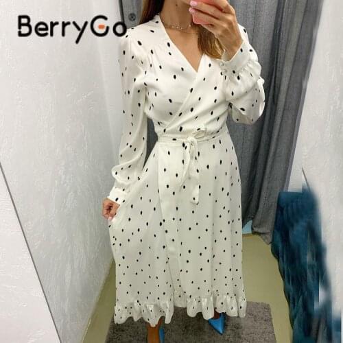 BerryGo Elegant polka dot long sleeves women dresswhite summer autumn Casual v-neck ruffle wrap dresses Lace up female vestidos