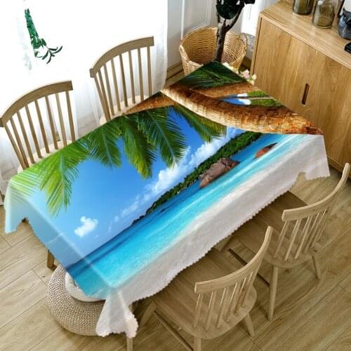3D Beach Seascape and Coconut Tree Pattern Tablecloth Thicken Cotton Rectangular/Round Table Cloth for Wedding Picnic Party